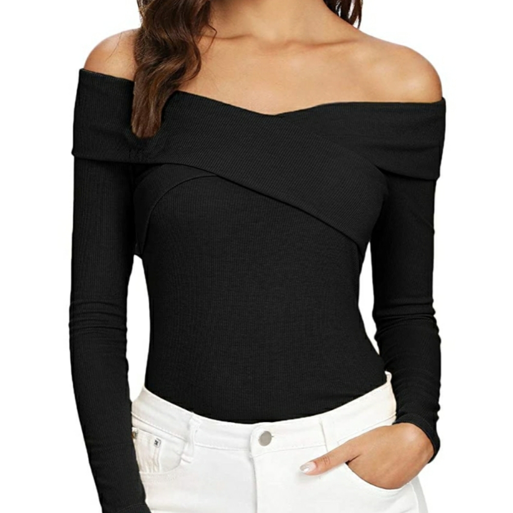 Women sexy off shoulder criss cross long sleeve top